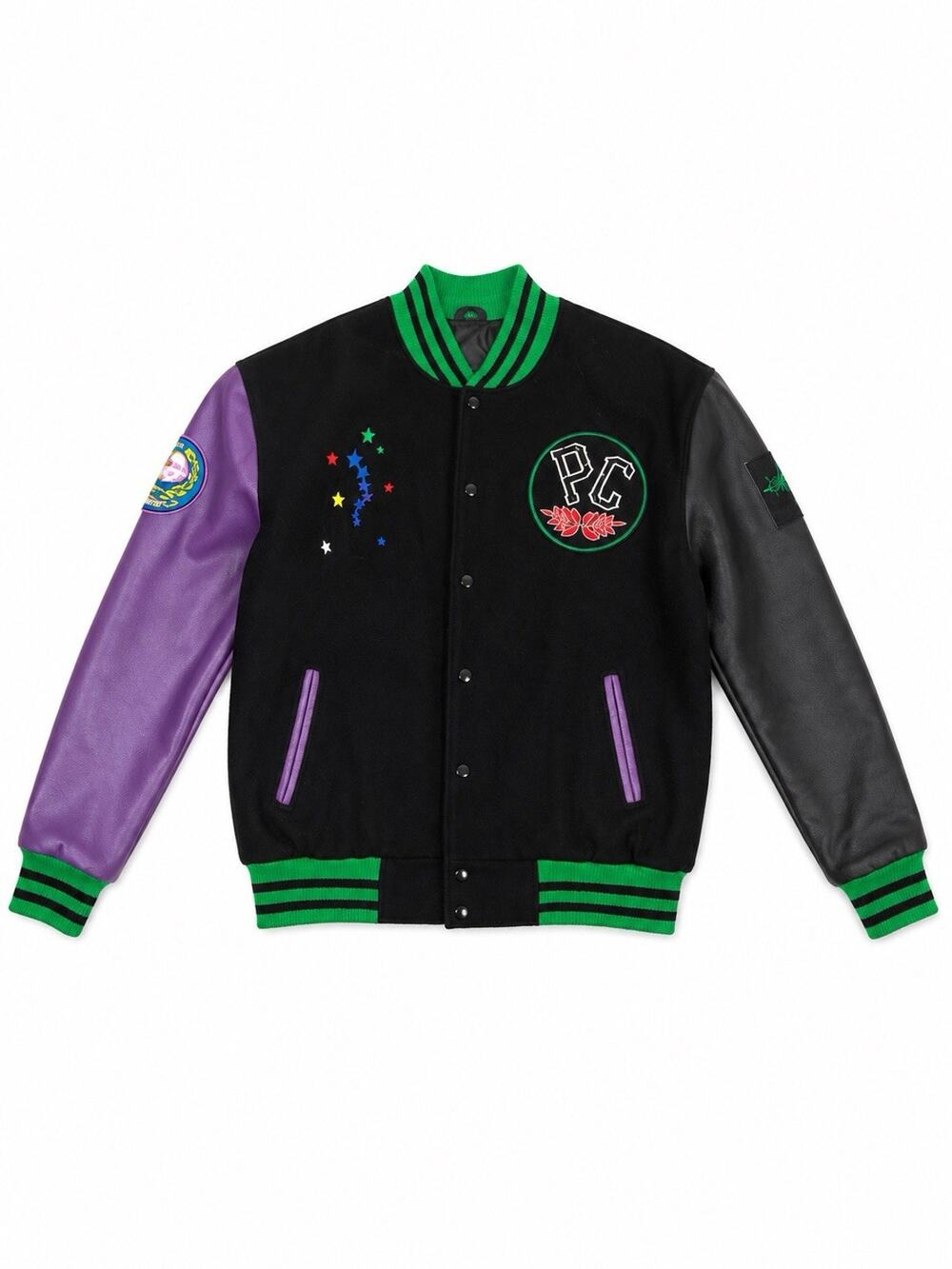 Galaxy Fresh Varsity Jacket Black Green Purple Wool Leather Sleeve Men’s XL